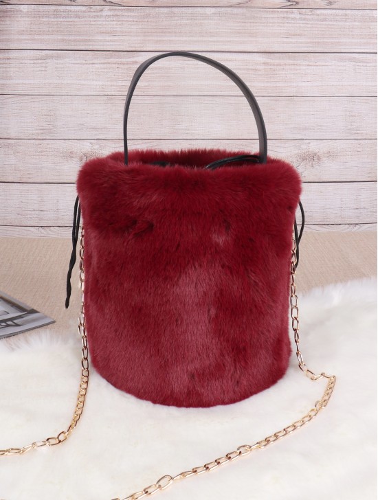 Solid Colour Plush Drawstring Bucket Bag